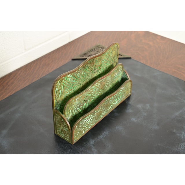 Tiffany Studios Tiffany Studios New York Pine Needle Bronze and Favrile Slag Glass Letter Rack For Sale - Image 4 of 11