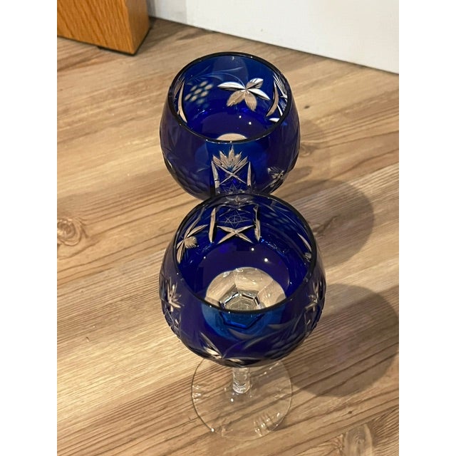 Pair of Bohemian Traube Nachtmann Cobalt Blue Cut Crystal Wine Glasses For Sale - Image 4 of 10