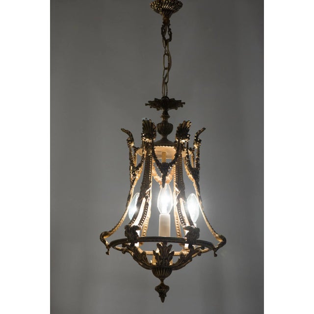 French 1950s Spanish Brass 3 Light Chandelier For Sale - Image 3 of 10
