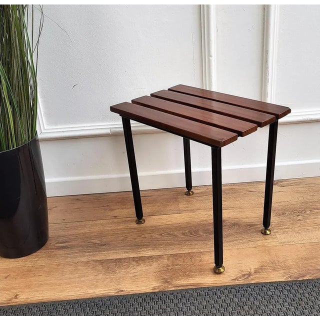 Mid-Century Modern Italian Metal Base Brass Feet Wooden Slat Stool, 1970s For Sale - Image 6 of 7