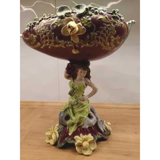 Monumental and highly decorative Bohemian majolica centerpiece dating to around 1900. The piece features a sculptural...