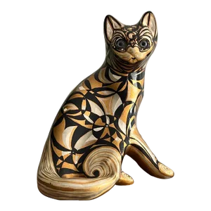1980s Modernist Sitting Golden Cat Sculpture - Hand Painted Gilt Gold With Blue Glass Eyes