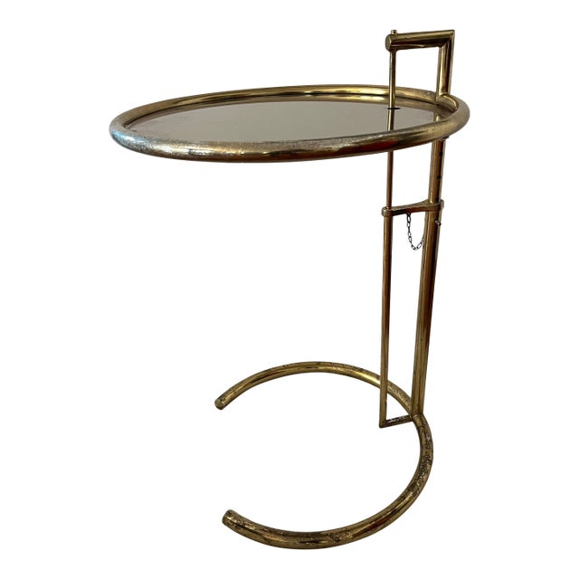 1980s Adjustable Brass Finished Metal & Tinted Glass Side Table, After Eileen Gray E1027 Table For Sale