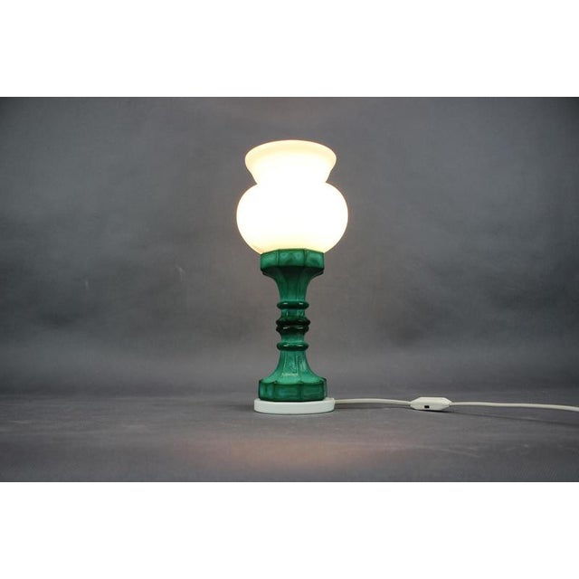 Czechoslovak Malachite Style Pressed Glass and Opaline Table Lamp, 1970s For Sale - Image 10 of 11