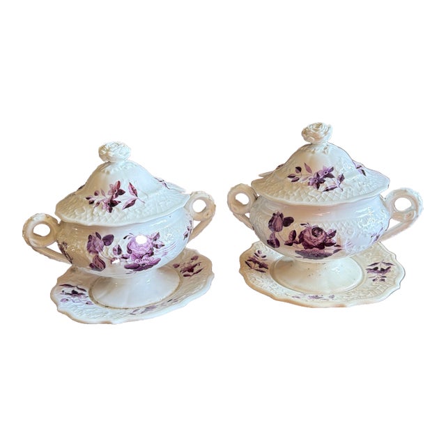 Pair of Antique Job Ridgway Cauldon Place Covered Sauce Tureens, Pattern B1154, Circa 1808-1814 For Sale