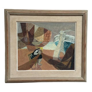 Nils Öst, Figure with Boats, 1950s, Oil Painting on Panel, Framed For Sale