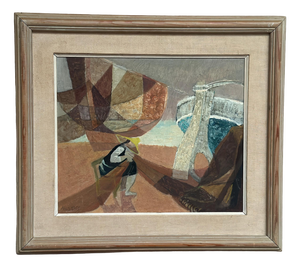 Nils Öst, Figure with Boats, 1950s, Oil Painting on Panel, Framed