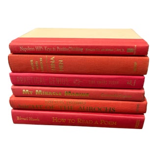 Massive Vintage Crimson & Red - Orange Hardcover Book Stack - Set of 6 - Gold Font Palette - Mid-Century Modern Library Decor For Sale