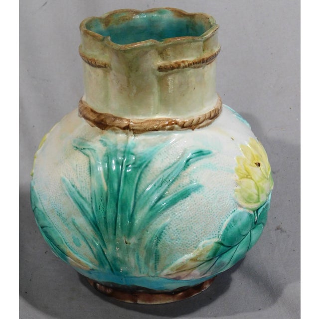 BEAUTIFUL ANTIQUE MAJOLICA PITCHER SAMUEL LEAR CA. 1875 DIMENSIONS About 7" tall x 7" diameter, including the handle....