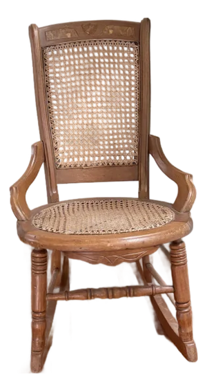 Early 1900s Colonial Revival Cane Rocking Chair With Burlwood Crest Inlay | Traditional Americana Rocker