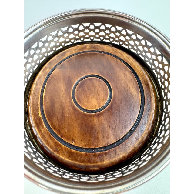 Vintage Mid Century Modern Silverplate Pierced Gallery Wine & Decanter Coaster With Wood Base For Sale In Little Rock - Image 6 of 7