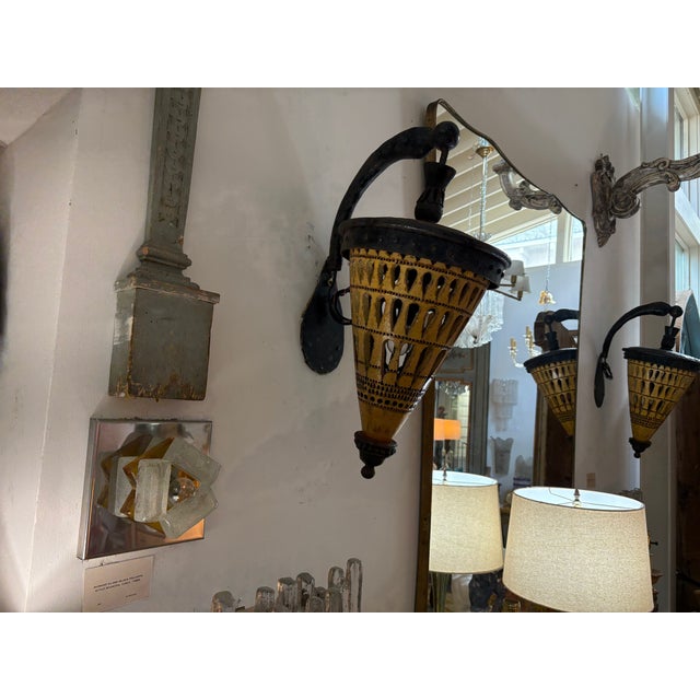 1930s Italian Iron and Glazed Terracotta Lantern Sconces - Pair For Sale - Image 4 of 12