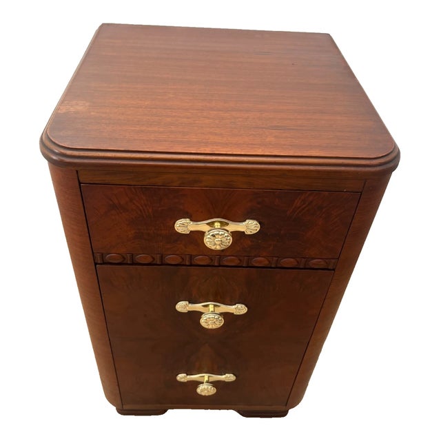 Art Deco 1920s Art Deco Side Table, Nightstand, Chest of Three Drawers, Walnut, Brass Pulls For Sale - Image 3 of 13