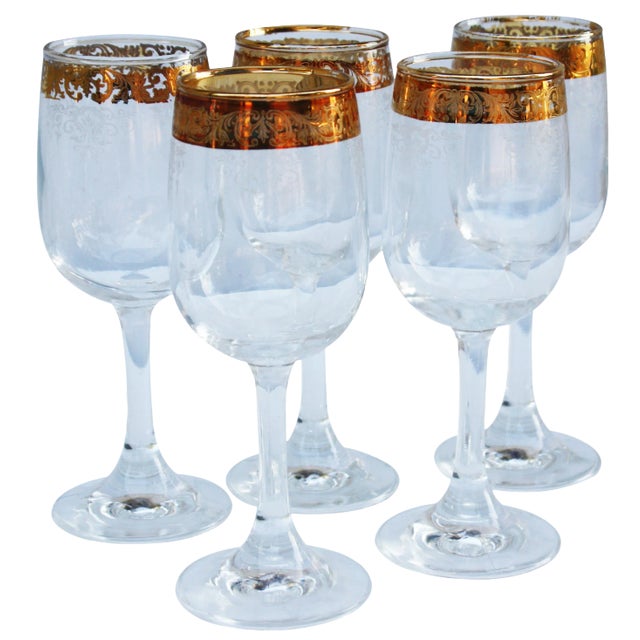 Midcentury Gold Pattern Wine Stems- Set of 5 For Sale