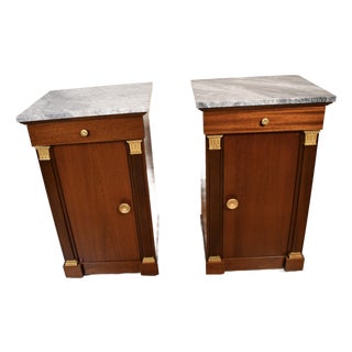 1930s French Empire Mahogany & Marble Top Pair of Nightstands / Bedside Tables For Sale