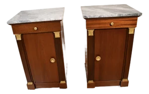 1930s French Empire Mahogany & Marble Top Pair of Nightstands / Bedside Tables