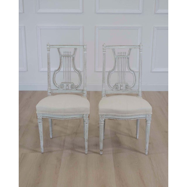 Pair of Antique French Neoclassical Painted Chairs in Antique Linen For Sale - Image 13 of 13