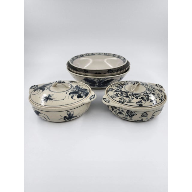 Modern Late 20th Century 5 Piece Hand-Painted Blue & White Vietnamese Serving Bowl Set Stoneware With Cobalt Underglaze Motifs For Sale - Image 3 of 18