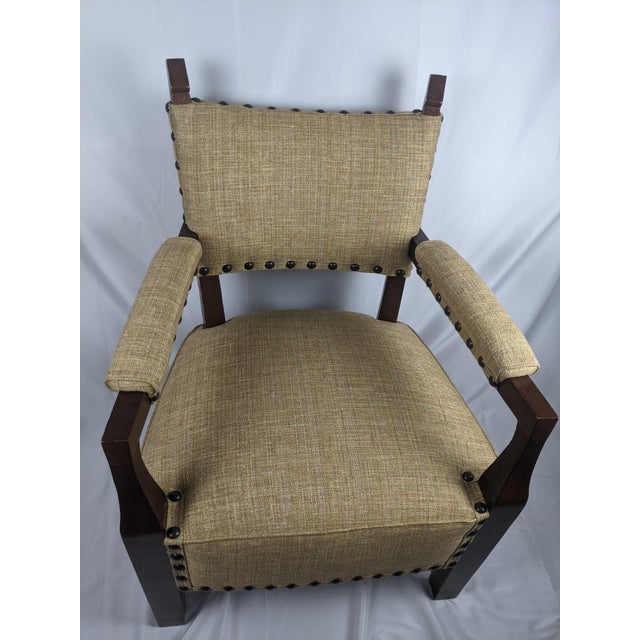 Mid-Century Modern Mid-Century Mission Arts & Crafts Wood Upholstered Armchair With Nailhead Trim For Sale - Image 3 of 17