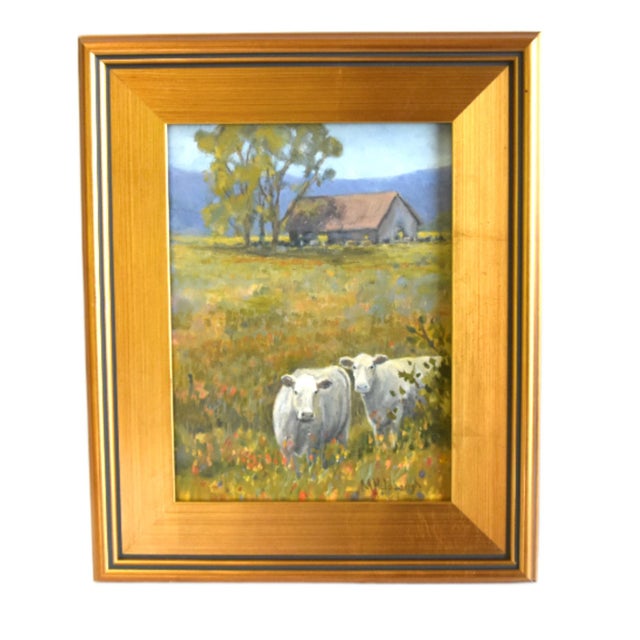 2020s Cows in a Field of Flowers Oil Painting Including the Antiqued Gold Wood Frame For Sale - Image 5 of 7