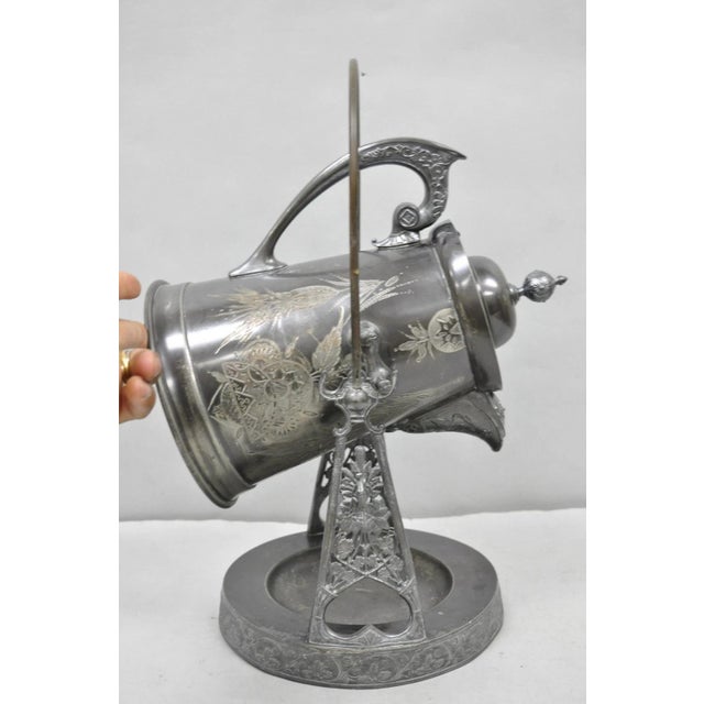Victorian Antique English Victorian Silver Plated Tilting Coffee Pot on Stand W/ Engraving For Sale - Image 3 of 17