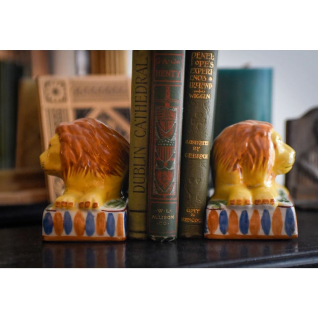 Ceramic Original Pair of Antique Staffordshire Recumbent Lion Figurines on Striped Rectangular Plinths- Set of 2 For Sale - Image 7 of 9