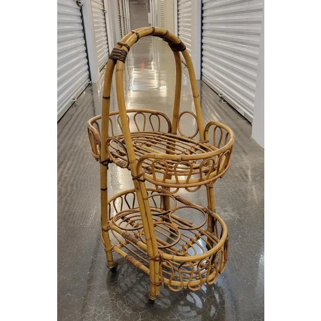 Vintage Italian Bamboo & Rattan Rolling Bar Cart Trolley For Sale - Image 4 of 12