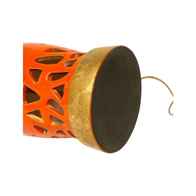 Wood Retro Orange Ceramic Lamp in Orange Glaze With Cut Outs & Lucite Base, Fully Refurbished For Sale - Image 7 of 9