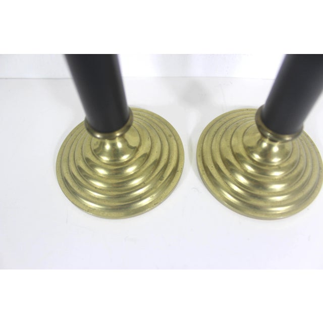 Mid 20th Century Mid Century Set of 2 Vintage Brass and Black Candle Holders For Sale - Image 5 of 6