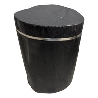 Andrianna Shamaris Minimalist Charred Teak Wood and Silver Side Table For Sale
