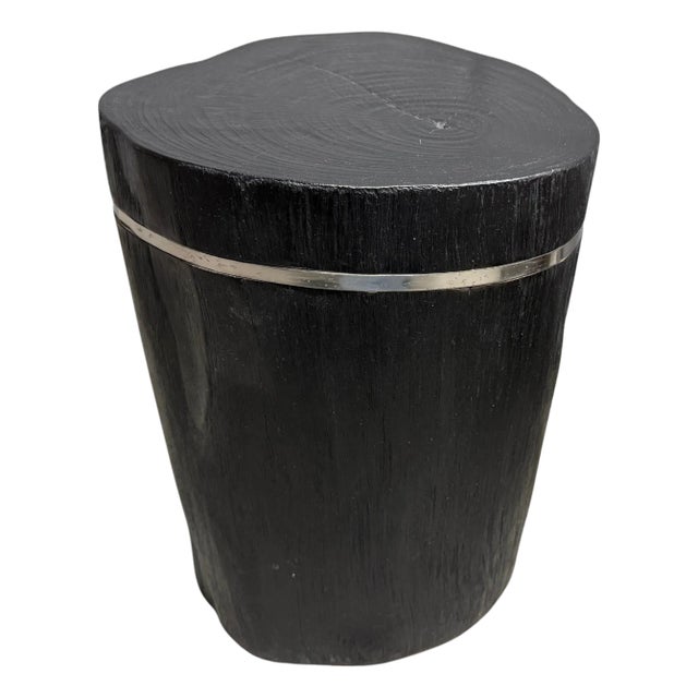 Andrianna Shamaris Minimalist Charred Teak Wood and Silver Side Table For Sale