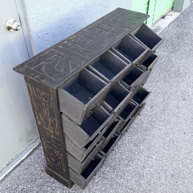 Tribal Vintage Wooden Hand Carved Tribal Apothecary Dresser For Sale - Image 3 of 9