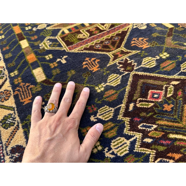 Afghan Medallion Area Rug, Hand-Knotted Wool, Tribal, 3x7, Indigo & Camel For Sale - Image 12 of 12