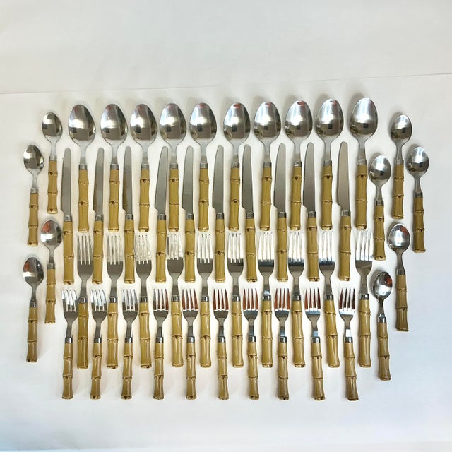 Chinoiserie Vintage Coastal Boho Chic Chinoiserie Faux Bamboo & 18/8 Stainless Flatware Set- 49 Pieces. For Sale - Image 3 of 12