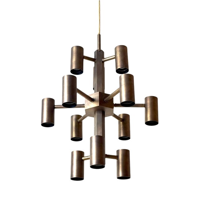 Twelve-Light Brass Chandelier by Gotthold Schönwandt, Germany, 1960s For Sale