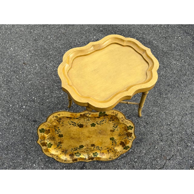 Wood Mid 20th C. Hand Painted Mustard Yellow Tole Serving Tray on Fitted Faux Bamboo X Base Stand For Sale - Image 7 of 11
