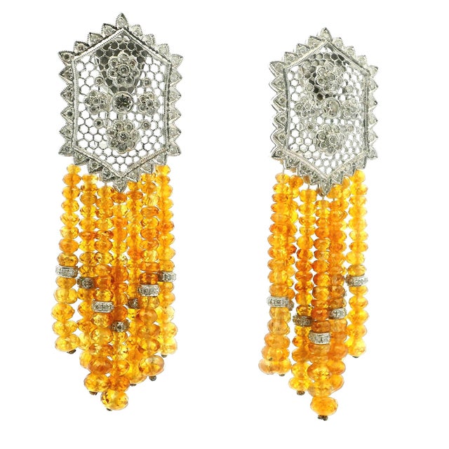 Metal Italian 18k White Gold Yellow Sapphire & Diamond Tassel Earrings, 1980s For Sale - Image 7 of 9