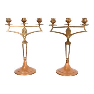 Antique Swedish Art Nouveau Brass and Copper Two-Arm Candelabras, Pair For Sale