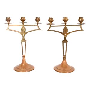 Antique Swedish Art Nouveau Brass and Copper Two-Arm Candelabras, Pair