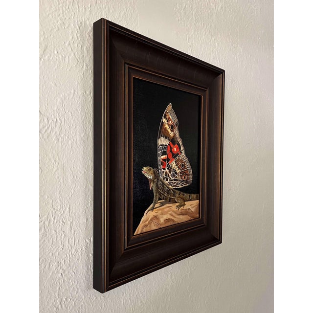 Surrealism Iguana-moth by Robin Hextrum | Oil on linen panel Iguana with butterfly wings on a rock For Sale - Image 3 of 5