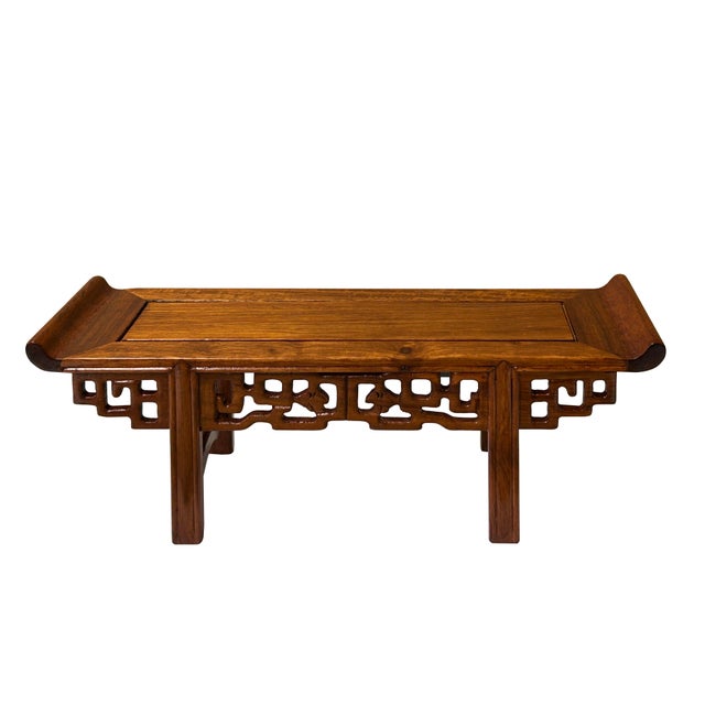 11.5" Chinese Light Brown Altar Shape Ru Yi Apron Accent Wood Display Stand For Sale - Image 4 of 9
