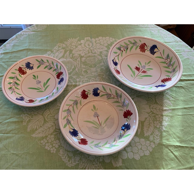 Vintage Large French Quimper Style Handpainted Ironstone Bowls Set of 3 For Sale - Image 4 of 12
