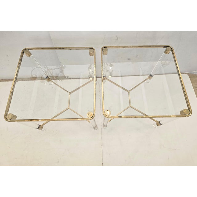 Great looking versatile vintage glass & brass square end tables having chic lucite legs. AH Details Dimensions Height: 22...