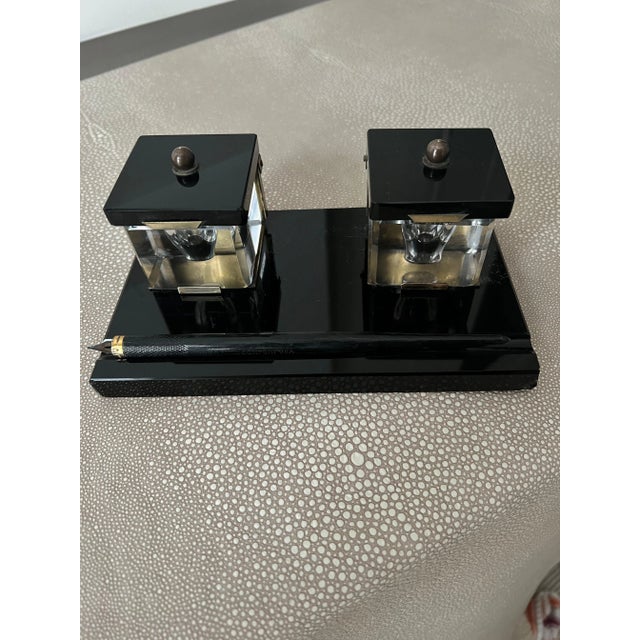 Mid 20th Century Black Glass Ink Well with Brass Accents, Crystal Wells and Dipping Pen For Sale - Image 5 of 12