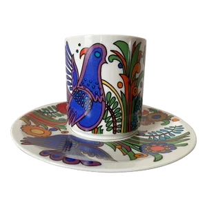 Mid 20th Century Villeroy & Boch Acapulco Bird and Flower Porcelain Coffee Espresso Teacup and Saucer