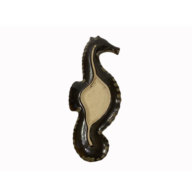 Coastal Artistic Mustard Yellow Glaze Ceramic Decorative Seahorse Shape Display Plate For Sale - Image 3 of 5