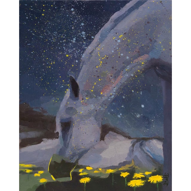 Stardust by Shelli Langdale | Oil on gallery panel Horse grazing among yellow flowers at night. For Sale