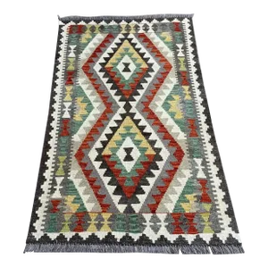 Handwoven Afghan Kilim Rug, Geometric Diamond Pattern, 2.6' X 4.5'