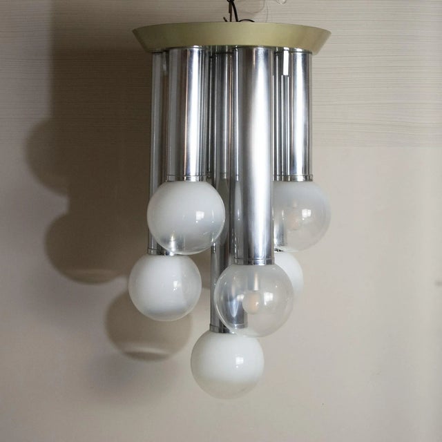 1970s Suspension Chandelier With 7 Lights in Satin Glass, Italy, 1970s For Sale - Image 5 of 10