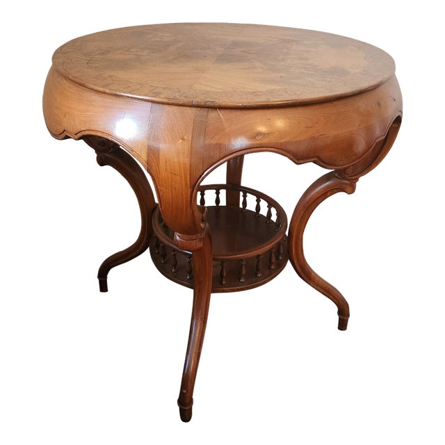 Antique Louis XV Revival Walnut Occasional Table With Inlaid Burl Top and Spindle Shelf, C. 1920s For Sale